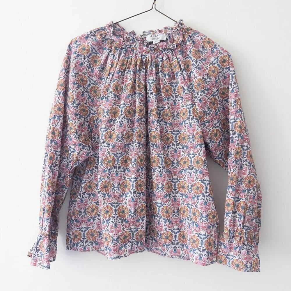 J. Crew x Liberty Honeysuckle Floral Ruffle Neckline Fluted Sleeve Top